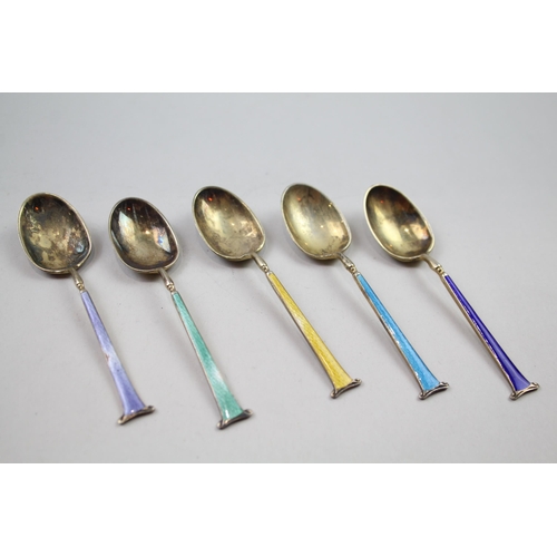 2267 - Five Barker Brothers Silver Ltd. hallmarked Birmingham sterling silver and guilloche enamel teaspoon... 