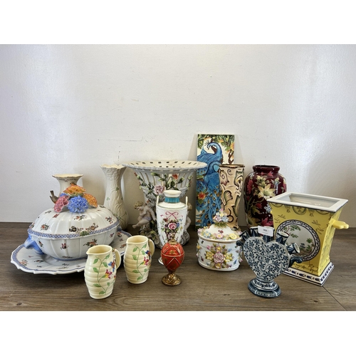 362 - A collection of ceramics to include Old Tupton Ware vase, Belleek Daisy vase, Minton Rose Basket twi... 