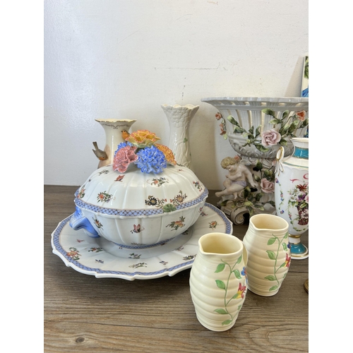 362 - A collection of ceramics to include Old Tupton Ware vase, Belleek Daisy vase, Minton Rose Basket twi... 