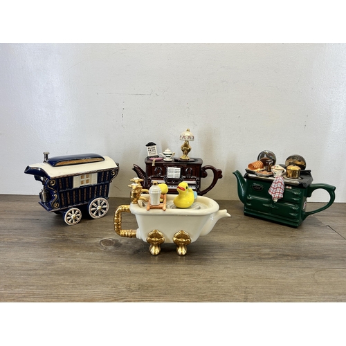 368 - Four The Teapottery ceramic novelty teapots to include limited edition 999/4000 Romany Caravan etc.