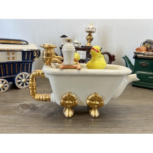 368 - Four The Teapottery ceramic novelty teapots to include limited edition 999/4000 Romany Caravan etc.