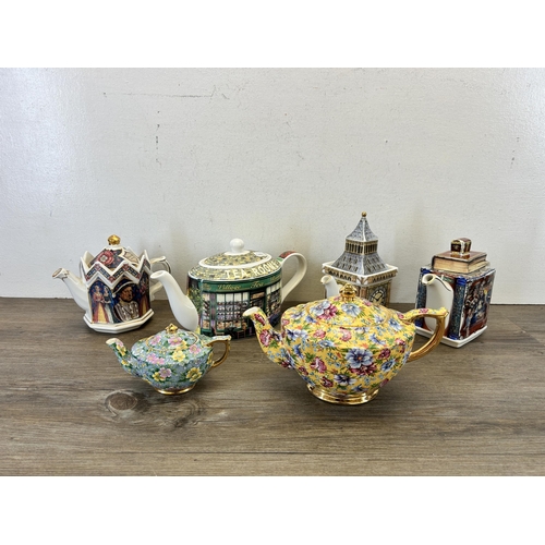 372 - Six James Sadler teapots to include Village Tea Rooms, Sophie Chintz, King Henry VIII, Big Ben etc.