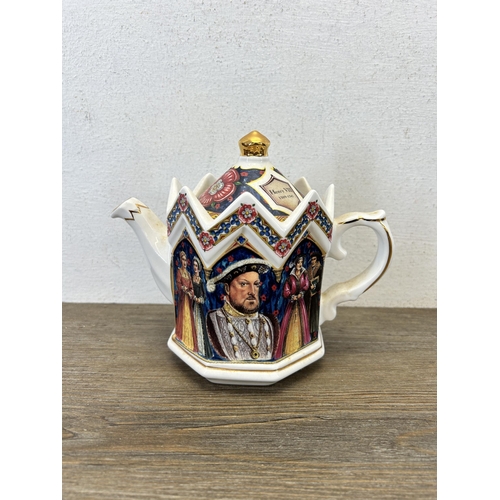 372 - Six James Sadler teapots to include Village Tea Rooms, Sophie Chintz, King Henry VIII, Big Ben etc.