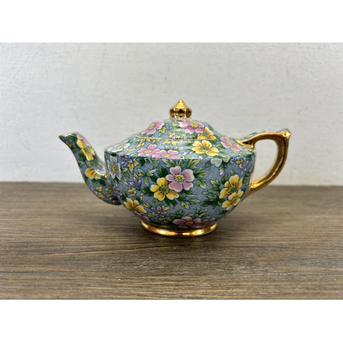 372 - Six James Sadler teapots to include Village Tea Rooms, Sophie Chintz, King Henry VIII, Big Ben etc.