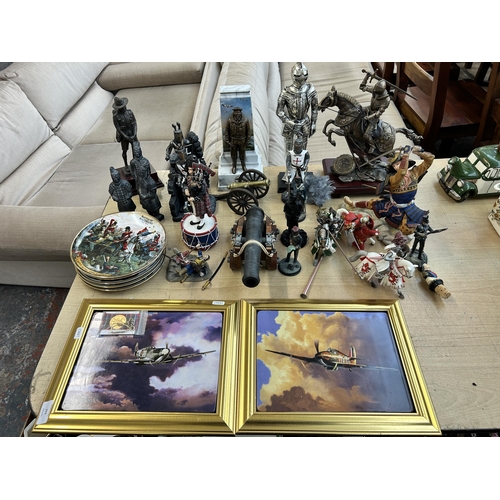 377 - A collection of military themed ceramics and collectables to include Franklin Mint Samurai hand pain... 