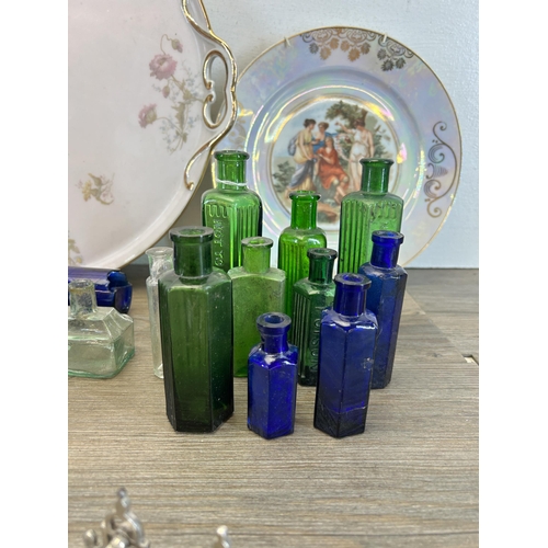 384 - A collection of ceramics and glassware to include Art Deco green glazed jug, vintage apothecary bott... 