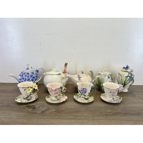 395 - Sixteen pieces of Franz porcelain to include FZ00117 Dragonfly teapot, FZ02278 Floral Bouquet teapot... 