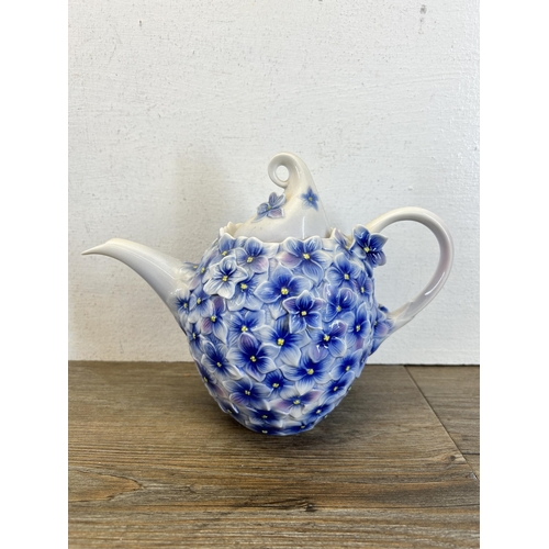 395 - Sixteen pieces of Franz porcelain to include FZ00117 Dragonfly teapot, FZ02278 Floral Bouquet teapot... 