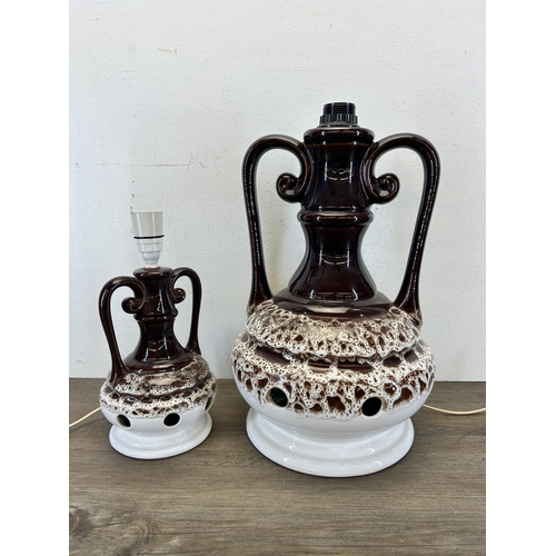 401 - Two mid 20th century BHS fat lava pottery twin handled table lamps - largest approx. 43cm high