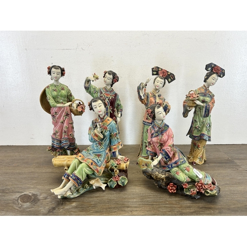 410 - Six Chinese Shiwan Wucai porcelain figurines - largest approx. 31cm high