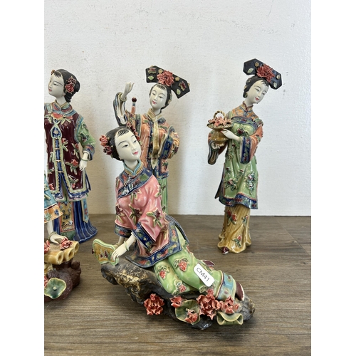 410 - Six Chinese Shiwan Wucai porcelain figurines - largest approx. 31cm high