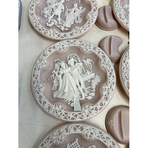 412 - Eight Bradex Shakespearean Lovers limited edition rose carnelian incolay stone collector's plates an... 