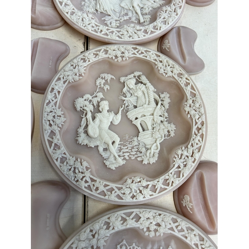 412 - Eight Bradex Shakespearean Lovers limited edition rose carnelian incolay stone collector's plates an... 