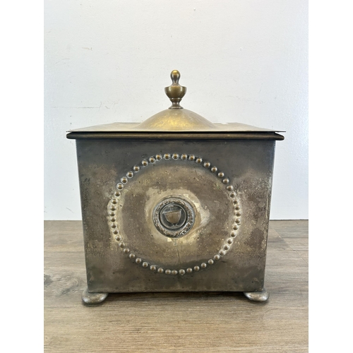 431 - An embossed metal coal box - approx. 43cm high x 35cm wide x 35cm deep