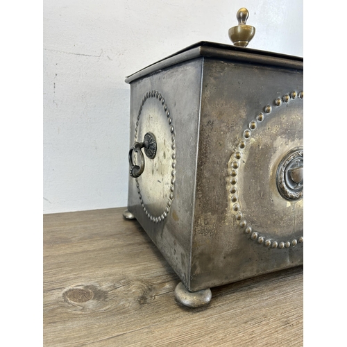 431 - An embossed metal coal box - approx. 43cm high x 35cm wide x 35cm deep