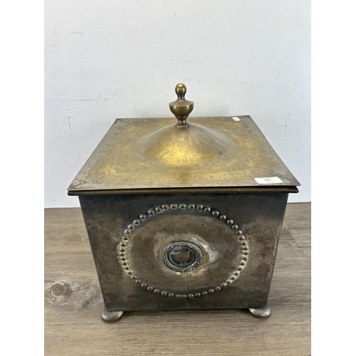 431 - An embossed metal coal box - approx. 43cm high x 35cm wide x 35cm deep