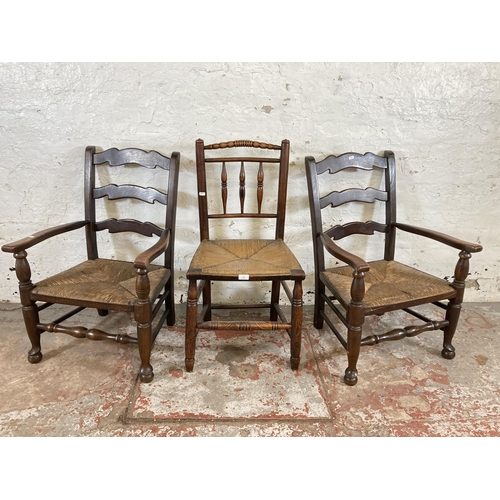 116 - Three elm and rush seated occasional chairs, one 19th century and two 19th century style ladderback