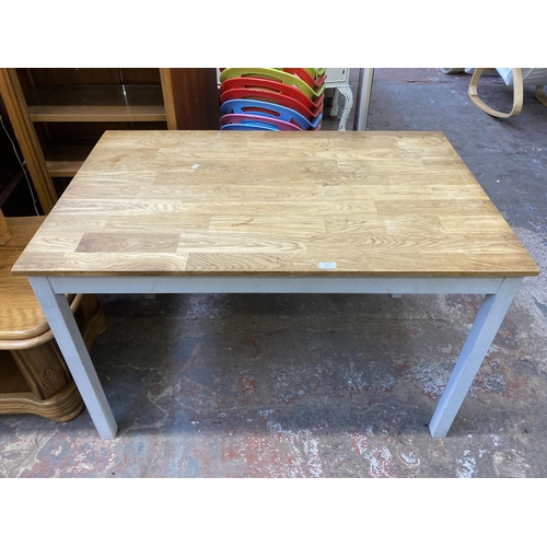 127 - A modern oak and grey painted dining table - approx. 75cm high x 76cm wide x 118cm long