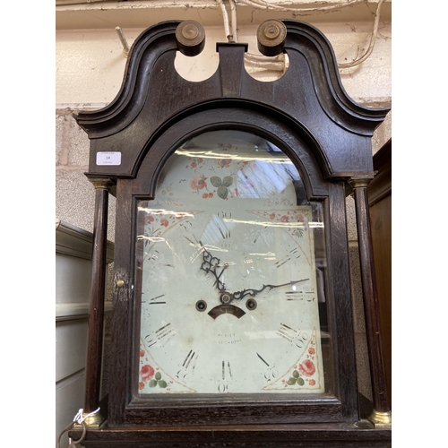 14 - A Georgian oak and mahogany cased grandfather clock with hand painted enamel face, pendulum, weights... 