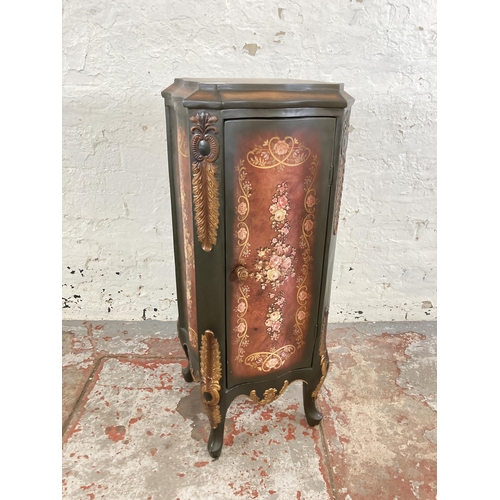 32 - An 18th century style lacquered jardinière stand/cabinet with single door and floral design - approx... 