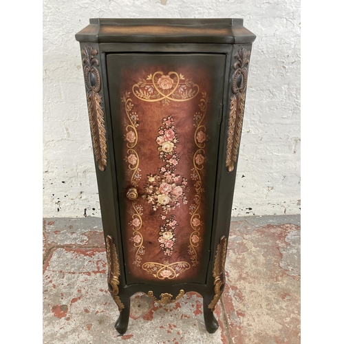 32 - An 18th century style lacquered jardinière stand/cabinet with single door and floral design - approx... 