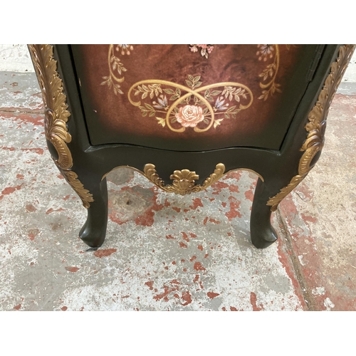 32 - An 18th century style lacquered jardinière stand/cabinet with single door and floral design - approx... 