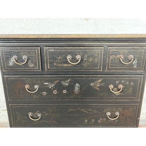 33 - An 18th century style black and gold lacquered chinoiserie chest of drawers - approx. 85cm high x 82... 