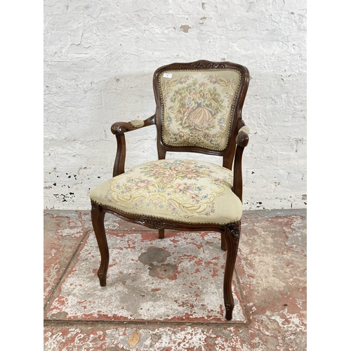 45 - A French Louis XVI style beech and tapestry upholstered open armchair
