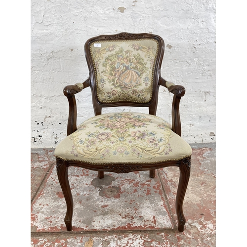 45 - A French Louis XVI style beech and tapestry upholstered open armchair