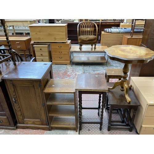 68 - Five pieces of furniture, one oak stereo cabinet, one oak three tier shelving unit, one oak barley t... 
