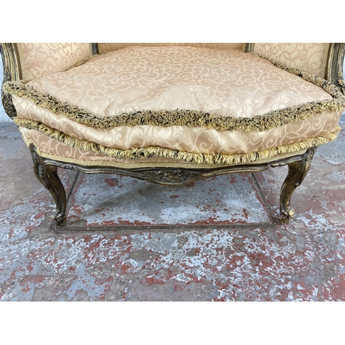 99 - A French style giltwood and fabric upholstered parlour sofa - approx. 98cm high x 108cm wide x 83cm ... 