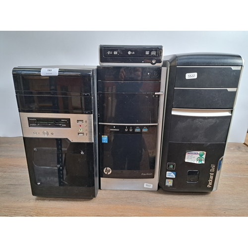 789 - Three desktop computers, one HP Pavilion 500, one Packard Bell DV100 and one other together with a S... 