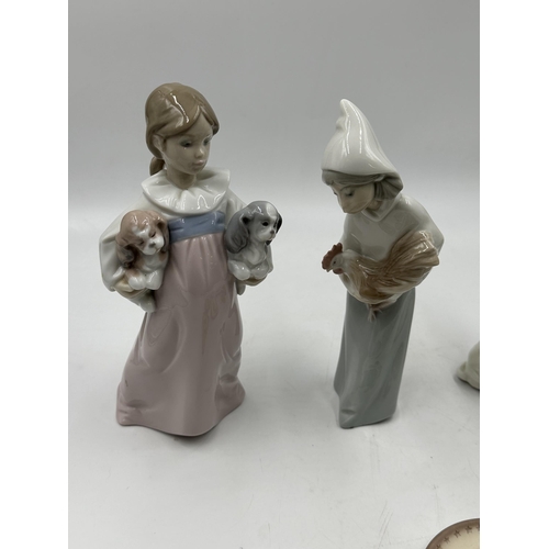 316 - Eight ceramic items, three Lladro figurines and five Goebel Hummel collector's plates