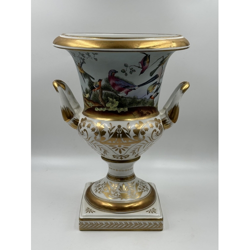 322 - A Sevres style hand painted and gilded porcelain twin handled urn vase - approx. 35cm high