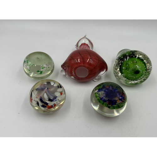 332 - Five art glass paperweights to include Mtarfa Malta cat etc.