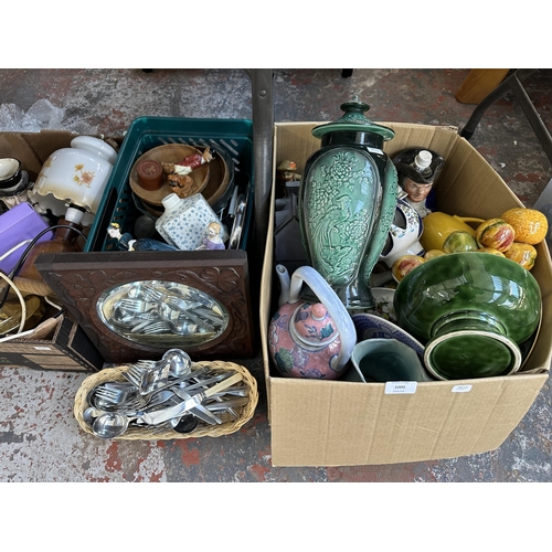 1000 - Five boxes containing ceramics, treenware, cutlery, glassware, carved oak framed bevelled edge wall ... 