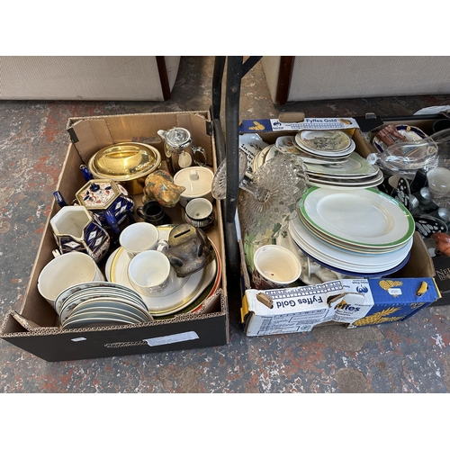 1001 - Four boxes containing ceramics and glassware to include Royal Worcester fireproof lidded casserole d... 