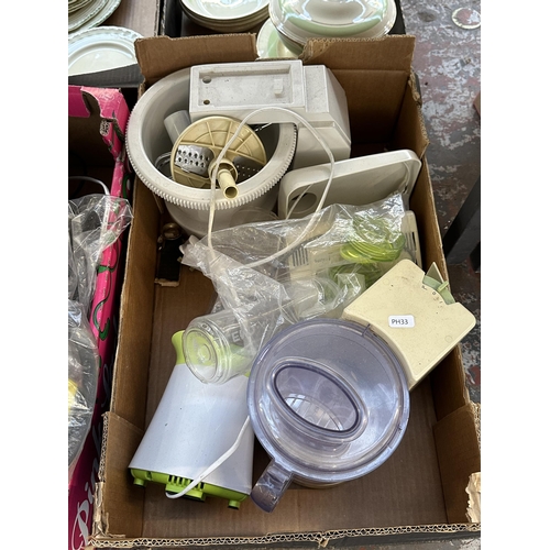 1009 - Three boxes containing Bosch PST 680 E 230V jigsaw, brass picture light, Morphy Richards slow cooker... 