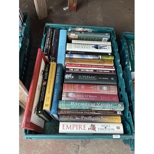 937 - Two boxes containing hardback books to include Empire by Niall Ferguson, The Last Victorians by W. S... 