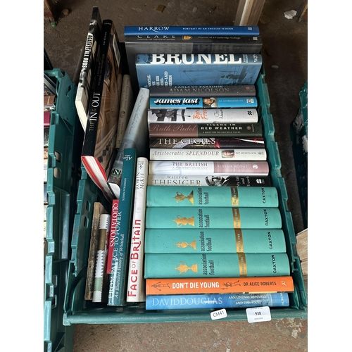 938 - Two boxes containing hardback books to include Association Football Volumes 1 - 4, London A Historic... 