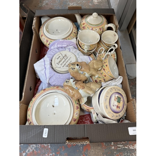 983 - Three boxes containing Queen's Covent Garden china, two Wade porcelain dog figurines, Crewe Alexandr... 