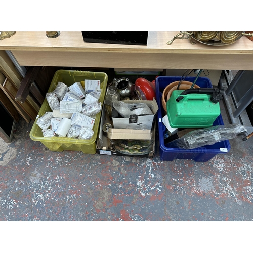 984 - Three boxes containing CarPlan 5l petrol can, terracotta garden planters, glassware, Actico 10cm x 6... 