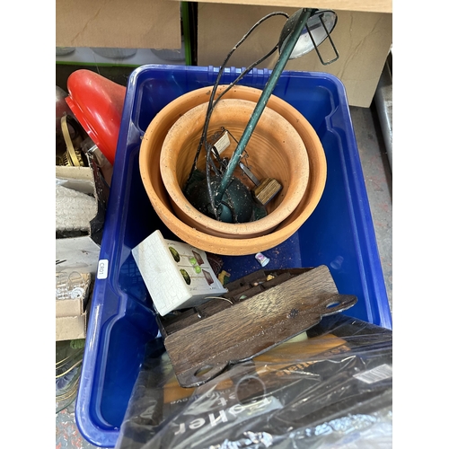 984 - Three boxes containing CarPlan 5l petrol can, terracotta garden planters, glassware, Actico 10cm x 6... 