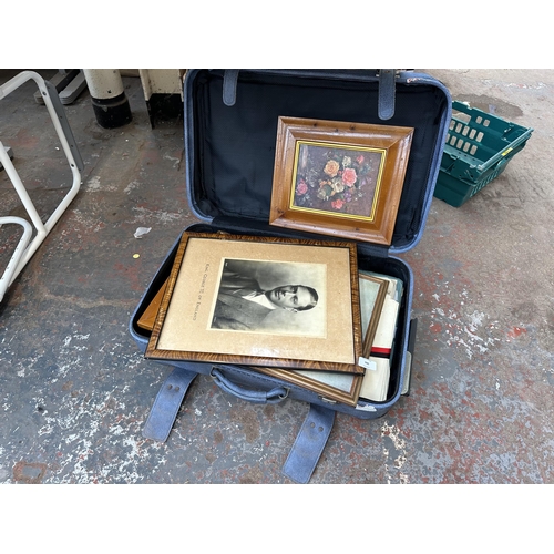 990 - A suitcase containing various items to include King George VI black and white photograph, King Georg... 