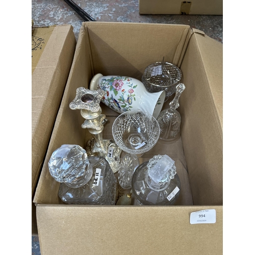 994 - Three boxes containing Aynsley Pembroke bone china vase, glassware, books etc.