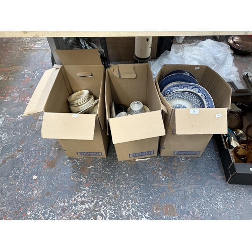 996 - Three boxes containing ceramics and glassware to include Adam's of Tunstall Jasperware circular bowl... 