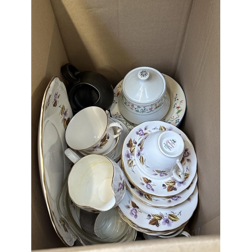 996 - Three boxes containing ceramics and glassware to include Adam's of Tunstall Jasperware circular bowl... 