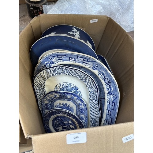 996 - Three boxes containing ceramics and glassware to include Adam's of Tunstall Jasperware circular bowl... 