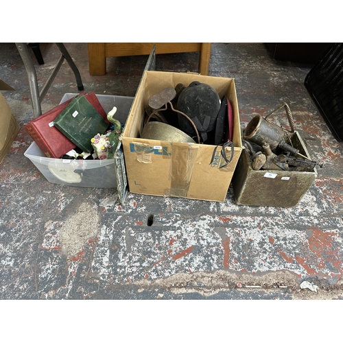 999 - Three boxes containing Victorian brass preserve pan, cast iron shoe last, vintage blow torches, Firs... 