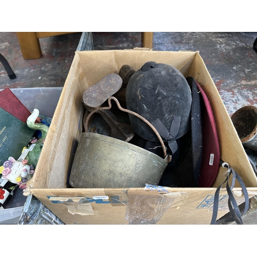 999 - Three boxes containing Victorian brass preserve pan, cast iron shoe last, vintage blow torches, Firs... 